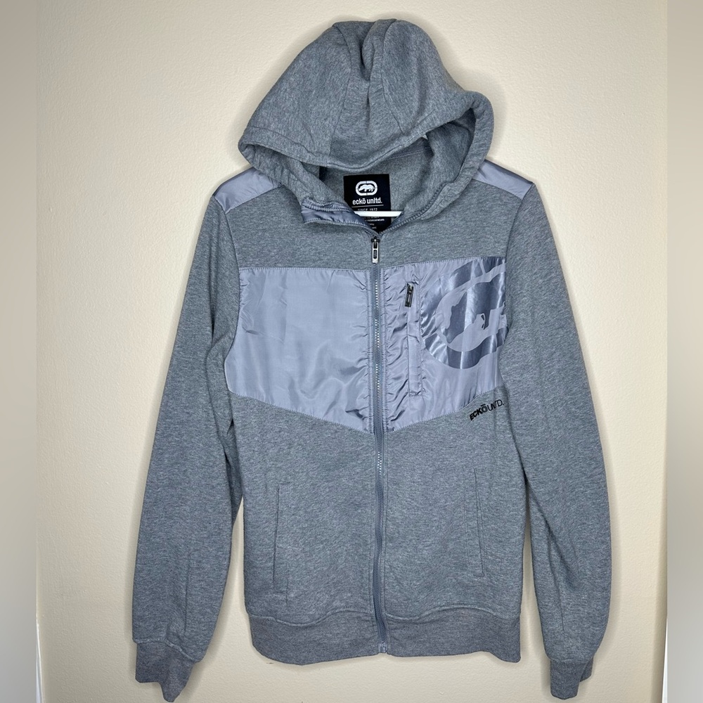 Ecko Unitd Hoodie Jacket Adult Small Gray Black Spell Out Logo Coat Mens